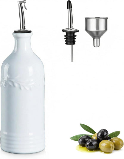 ONEMORE Ceramic Olive Oil Dispenser Bottle with Pour Spouts & Funnel, 17 oz Refillable Kitchen Oil Dispenser for Cooking, Drizzling, Dressing, Modern Leakproof Oil and Vinegar Dispenser, White