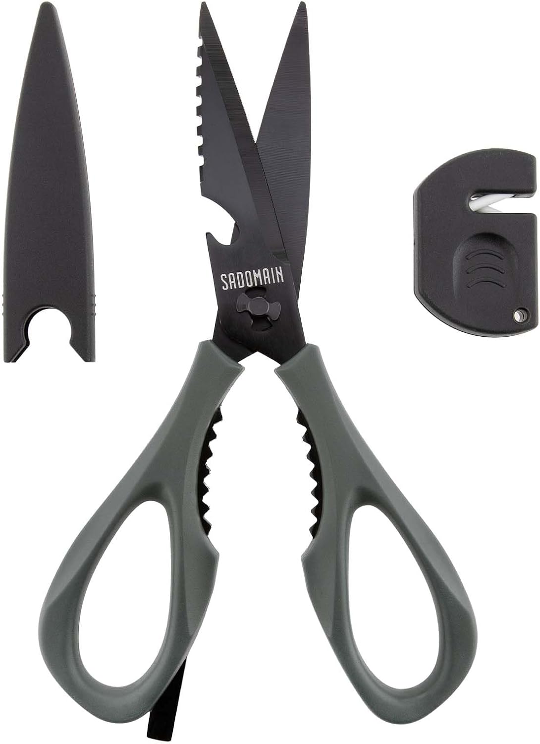 Kitchen Scissors All Purpose, Extra Sharp Kitchen Shears with Knife Sharpener & Sheath, Solid & Durable Stainless Steel Scissors with ANTI-RUST Black Titanium Plated, Dishwasher Safe - Green