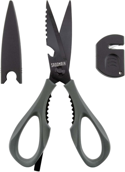 Kitchen Scissors All Purpose, Extra Sharp Kitchen Shears with Knife Sharpener & Sheath, Solid & Durable Stainless Steel Scissors with ANTI-RUST Black Titanium Plated, Dishwasher Safe - Green