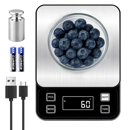 Full Waterproof Digital Scale IP67,5kg Capacity 0.1g Accuracy Kitchen Scale with Type-C Charging Tare Function Stainless Steel Platform for Baking Seafood Food Processing Hardware Counting