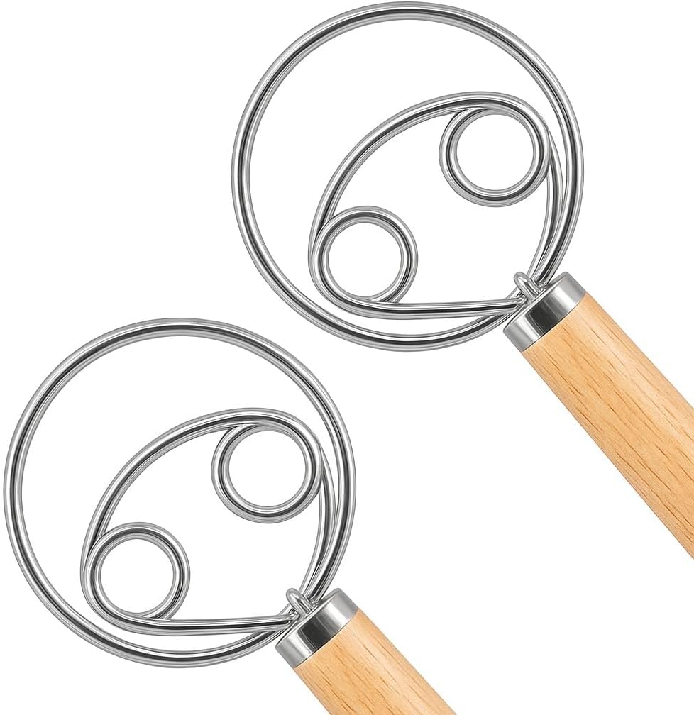 O'Creme Danish Dough Whisk Set of 2 Two Eyes Stainless Steel Bread Mixer with Wooden Handle - Sourdough Whisk for Baking Dough, Pizza, Pastries - Food-Grade, Dishwasher Safe