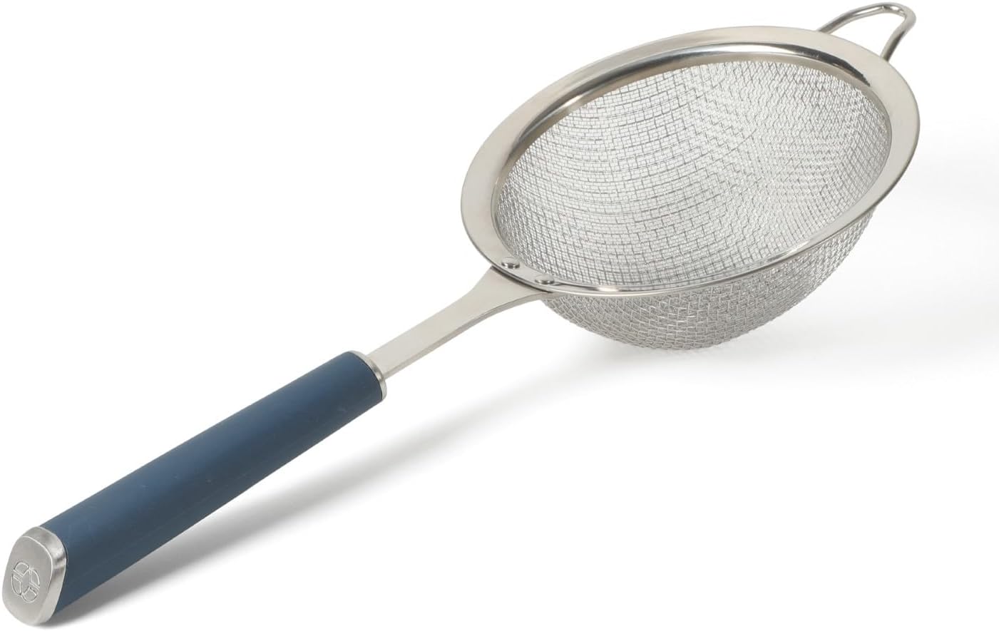 Calphalon Edge Stainless Steel Strainer, Fine Mesh Kitchen Colander Strainer with Thermoplastic Rubber Handle, Sifter for Rinsing, Draining & Straining Food, Navy