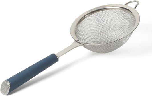 Calphalon Edge Stainless Steel Strainer, Fine Mesh Kitchen Colander Strainer with Thermoplastic Rubber Handle, Sifter for Rinsing, Draining & Straining Food, Navy