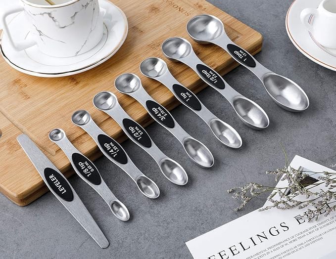 Gold Magnetic Measuring Spoons Set of 8 – Stainless Steel Stackable Dual-Sided Spoons with Leveler, Fits Spice Jars, Baking & Cooking Kitchen Tools