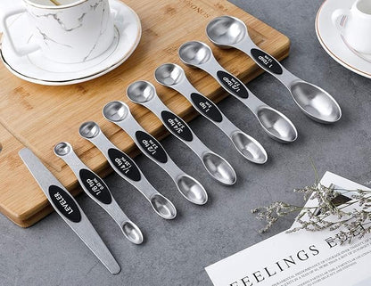 Gold Magnetic Measuring Spoons Set of 8 – Stainless Steel Stackable Dual-Sided Spoons with Leveler, Fits Spice Jars, Baking & Cooking Kitchen Tools