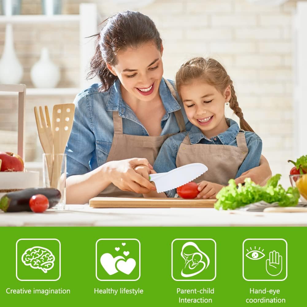 HOTUT Montessori Kitchen Tools,6Pieces Knives for Kids Nylon Kids Safe Cooking Knives Serrated Edges,Y Peeler For Cooking and Cutting Fruit,Suitable for Children and Beginners