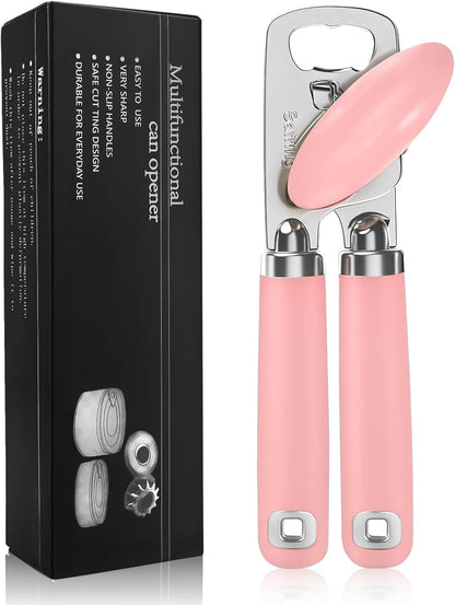 Safring Can Opener Manual, Heavy Duty Stainless Steel Smooth Edge Can Openers With Soft Touch Handle, Oversized Handheld Easy Turn Knob, Multi-Function Bottle Opener, Black