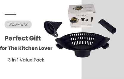 Clip On Strainer Silicone for Pots and Pans, Universal Fit Pasta Strainer and Pot Colander, Space Saving Food Drainer with Collapsible Funnel and Garlic Peeler, 3 Pcs Set, Black