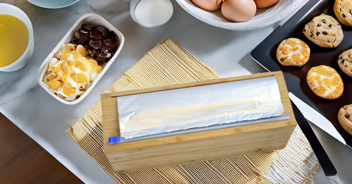 Vacuum Sealer Bag Roll Dispenser with Slide Cutter - Reusable Bamboo Vacuum Bag Dispenser Fits Most 50 ft Food Saver Bags Rolls, Most 12" Rolls of Plastic Wrap, Aluminum Foil and Wax Paper