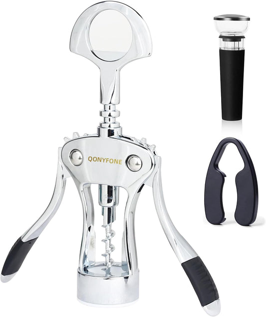 Wing Corkscrew Wine Opener, Premium Zinc Alloy Manual Bottle Opener, Heavy Duty Multifunctional Tool for Kitchen, Bar, Restaurant & Waiters (Silver)