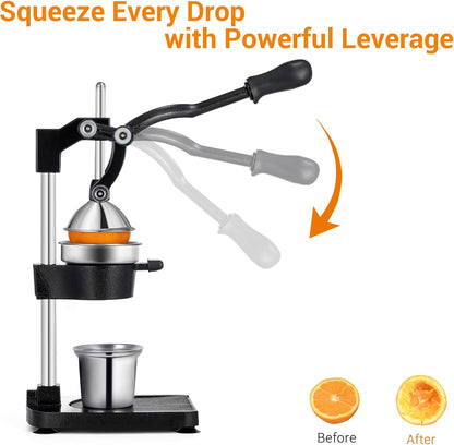 TONGCHANT Manual Juicer, Heavy Duty Cast Iron Juicer | Hand Press Juicer for Orange Lemon Lime Pomegranate & Citrus Fruits, High Leverage for Easy Juicing, Stainless Steel Cup, Easy to Clean, Black
