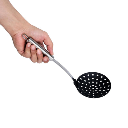 Restaurantware Stainless Steel Skimmer Spoon - German Standard Spoon Spider Strainer, Ergonomic Handle, Dishwasher Safe, Heat Resistant - Slotted Skimmer Colander for Cooking, Frying