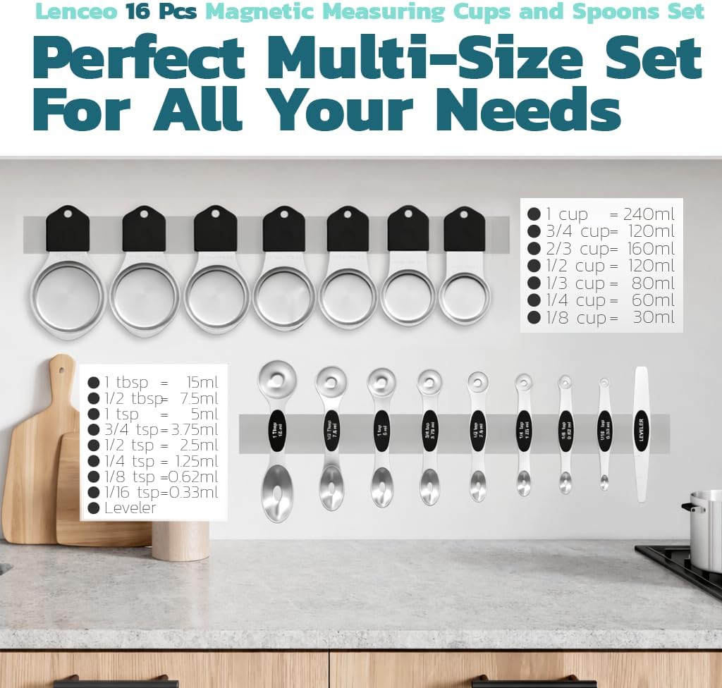 Magnetic Measuring Cups and Spoons Set of 17 - Stackable Stainless Steel Magnetic Measuring Spoons Set with Leveler - Dual Marking Scale Measuring Cup for Dry and Liquid Ingredients, Baking & Cooking