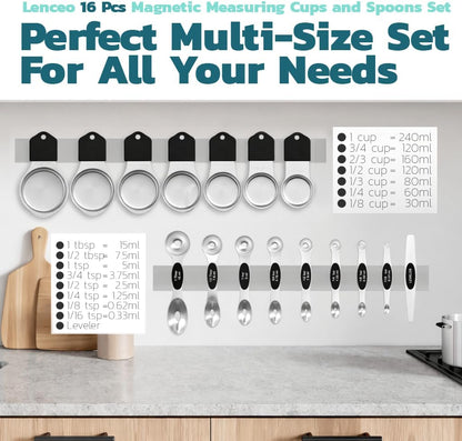 Magnetic Measuring Cups and Spoons Set of 17 - Stackable Stainless Steel Magnetic Measuring Spoons Set with Leveler - Dual Marking Scale Measuring Cup for Dry and Liquid Ingredients, Baking & Cooking