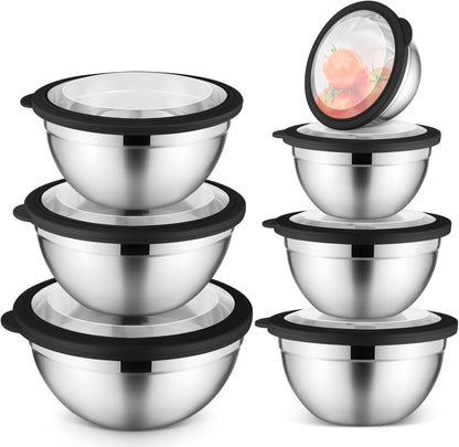 E-far Stainless Steel Mixing Bowls with Airtight Clear Lids Set of 7, Metal Nesting Bowls for Kitchen Prep, Baking, Cooking, Serving, Salad, Dishwasher Safe, Size 4.6, 3.5, 3, 2, 1.5, 1, 0.7QT, Khaki