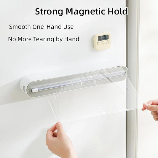 Plastic Wrap Dispenser with Cutter, Includes 100ft of Plastic Wrap, Magnetic Foil and Wrap Organizer for Kitchen, Fits 12" Rolls Up to 1.45" Diameter for Plastic Wrap and Aluminum Foil