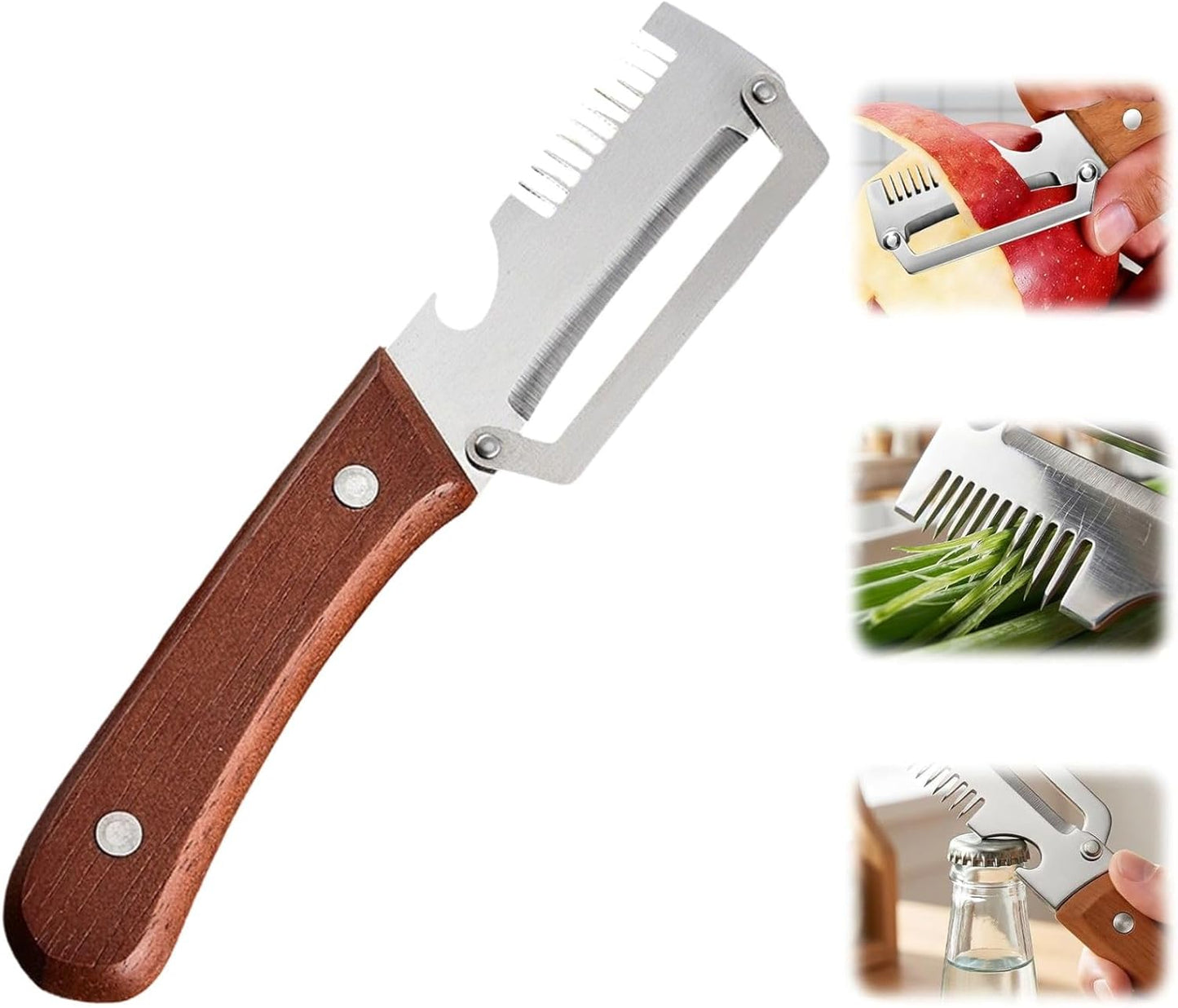 2 Pieces Multi-functional Kitchen Peeler, 2026 Upgraded Multifunctional Vegetable Peeler, 3 in 1 Stainless Steel Wooden Handle Peeler with Bottle Opener and Shredding, Kitchen Tool for Fruit, Veggie