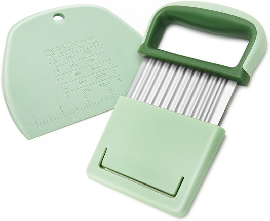 Vegetable Chopper - Stainless Steel Blade Crinkle Cutter/Wavy Knife Veggies French Fry Slicer and Plastic Dough/Cake Scraper,2 piece (Yellow)