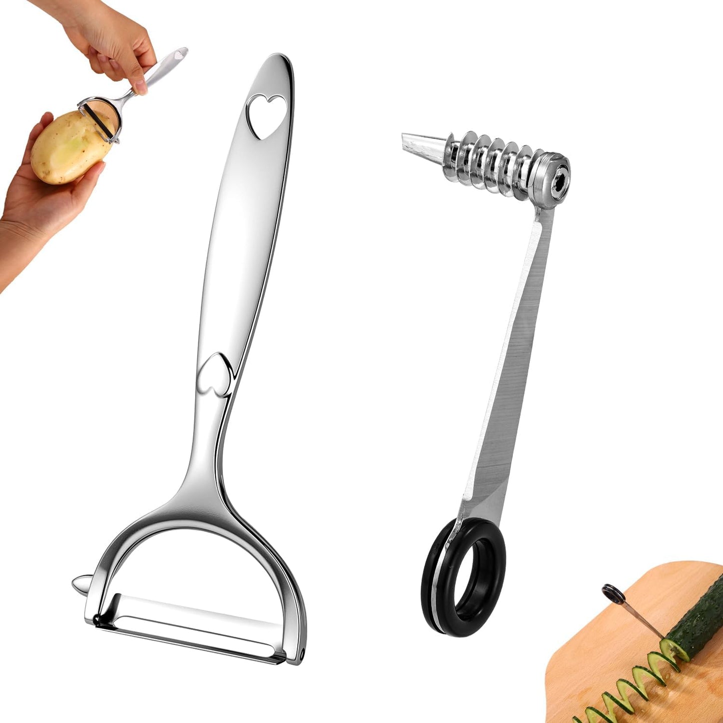Lyreh 2pcs Vegetable Spiral Cutters & 1pcs V-Shaped Veggies Peeler Spiralizer Tool, Stainless Steel Manual Spiral Practical Kitchen Knife Set Accessories for Cucumber Potato Carrot Fruits (Silver)