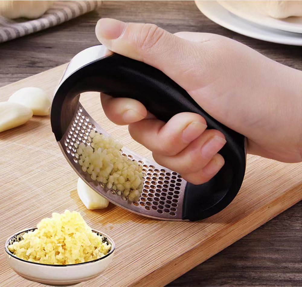 Garlic Press Rocker Stainless Steel Garlic Crusher, Mincer and Chopper with Peeler and Scraper,brush, Easy Kitchen Gadget for Effortless Smashing