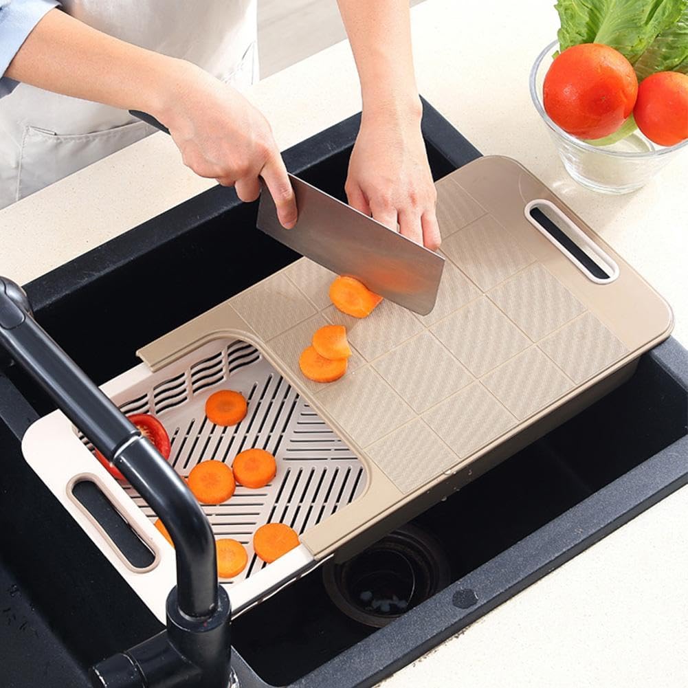 Multifunctional Over the Sink Cutting Board with Strainer Basket, Kitchen Prep Station for Vegetable Fruit Meat, Space Saving Chopping Block for RV Camping and Home Kitchen (White)
