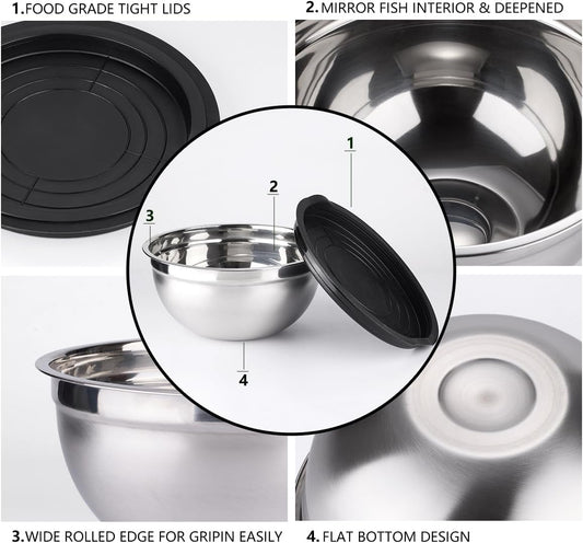 Leidawn Mixing Bowls with Lids for Kitchen - 25 PCS Stainless Steel Nesting Colorful Mixing Bowls Set for Baking,Mixing,Serving & Prepping,Size 5, 3.7, 2.8, 2.3, 1.7, 1.1, 0.7QT,11 Cooking Utensils