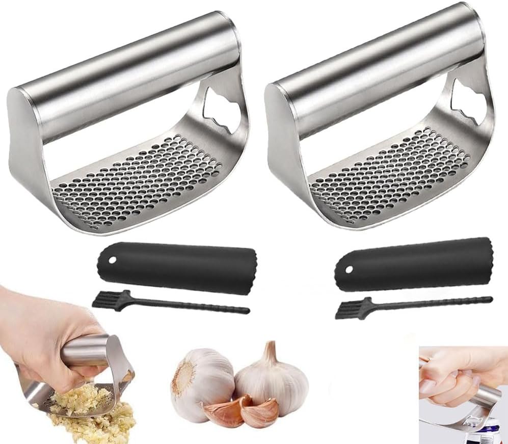 Garlic Presses,Stainless Steel Garlic Presser, Garlic Press Rocker Heavy Duty Stainless Steel Garlic Mincer, Garlic Chopper with Peeler And Cleaning Brush for Smash Garlic Kitchen Tools(1Set)