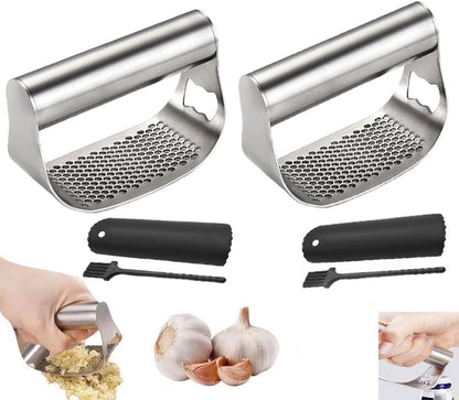 Garlic Presses,Stainless Steel Garlic Presser, Garlic Press Rocker Heavy Duty Stainless Steel Garlic Mincer, Garlic Chopper with Peeler And Cleaning Brush for Smash Garlic Kitchen Tools(1Set)