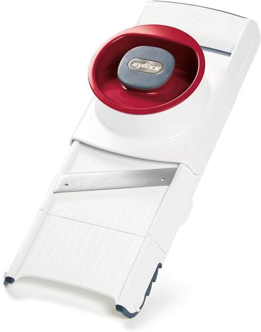 Zyliss Easy Control Handheld Slicer - Vegetable Slicer & Chopper - Fruit Cutter - Handheld Slicer with Two Stainless Steel Blades - Dishwasher Safe - White/Red, 13 inches