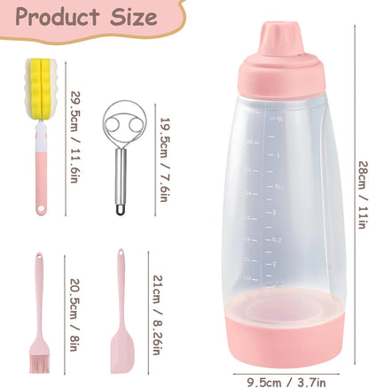 Pancake Batter Dispenser with Wire Whisk, BlenderBall, Silicone Spatula and Brush, Cleaning Brush, 1000 ML Large Capacity Leak-Proof Design for Pancakes Waffles Muffins and Crepes