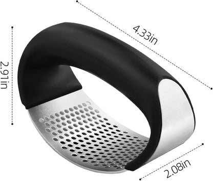 Stainless Steel Garlic Press and Garlic Peeler Set, Rust Proof Kitchen Garlic Mincer Crusher Squeezer with Ergonomic handle, Ginger Crusher with Good Grip, Easy to Clean, Dishwasher Safe (Black)