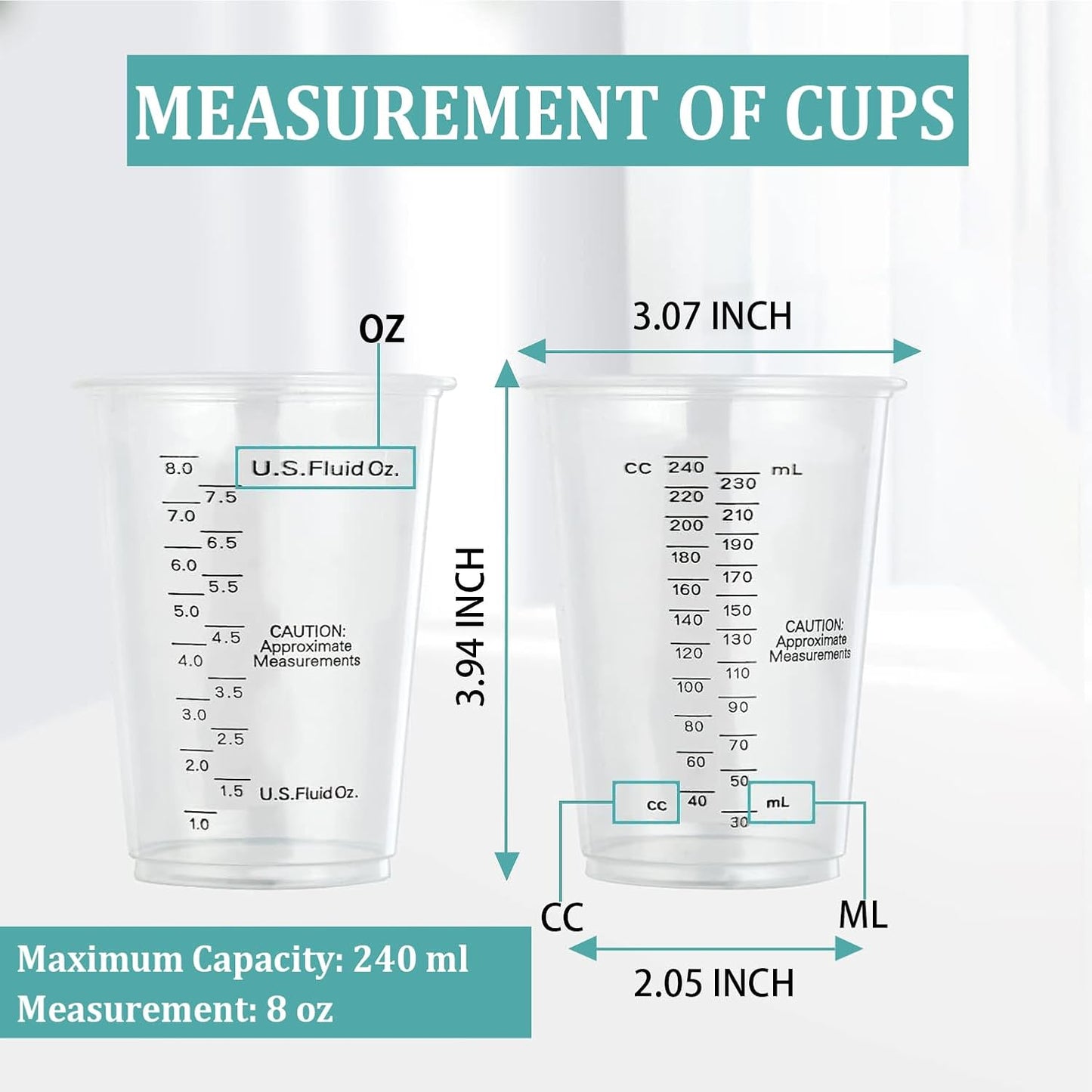 Taeku Measuring Cups Plastic, 8 oz Disposable Clear Epoxy Cups for Resin Reusable Multipurpose Stain Paint Liquid Mixing Cups for Cooking Baking (Pack of 100)
