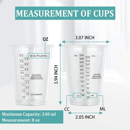 Taeku Measuring Cups Plastic, 8 oz Disposable Clear Epoxy Cups for Resin Reusable Multipurpose Stain Paint Liquid Mixing Cups for Cooking Baking (Pack of 100)