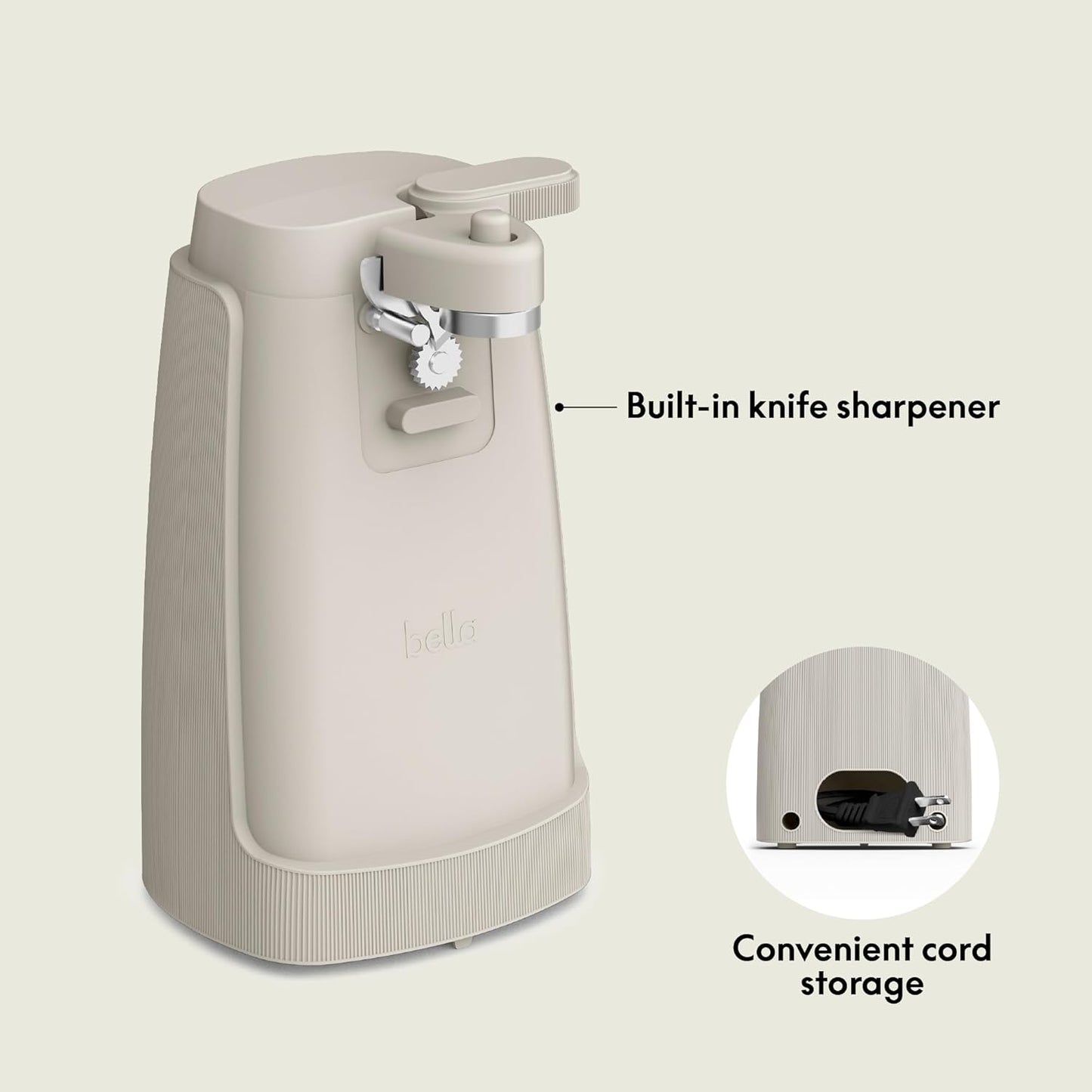 bella Electric Can Opener and Knife Sharpener, Removable Cutting Lever, Cord Storage, Stainless Steel Blade, Sage