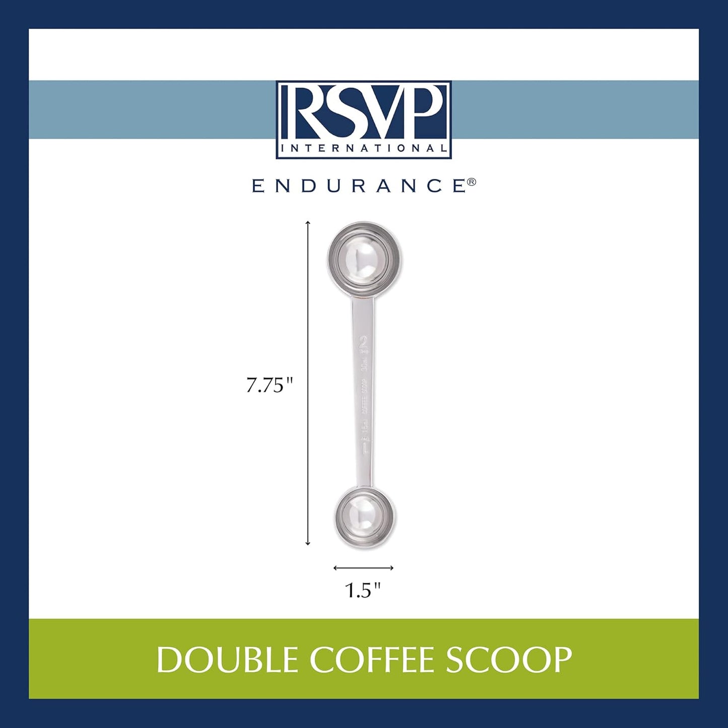 RSVP International Coffee Measuring Spoon, Long Handled Stainless Steel Scoop Multi-purpose for Baking, Ground Coffee, Beans or Loose Leaf Tea, Double, 1-Tbsp/2-Tbsp