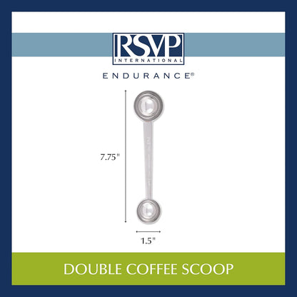 RSVP International Coffee Measuring Spoon, Long Handled Stainless Steel Scoop Multi-purpose for Baking, Ground Coffee, Beans or Loose Leaf Tea, Double, 1-Tbsp/2-Tbsp