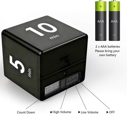 Cube Timer Black,Pretmess Gravity Flip Kitchen Timer for Time Management and Countdown Settings 1-3-5-10 Minutes