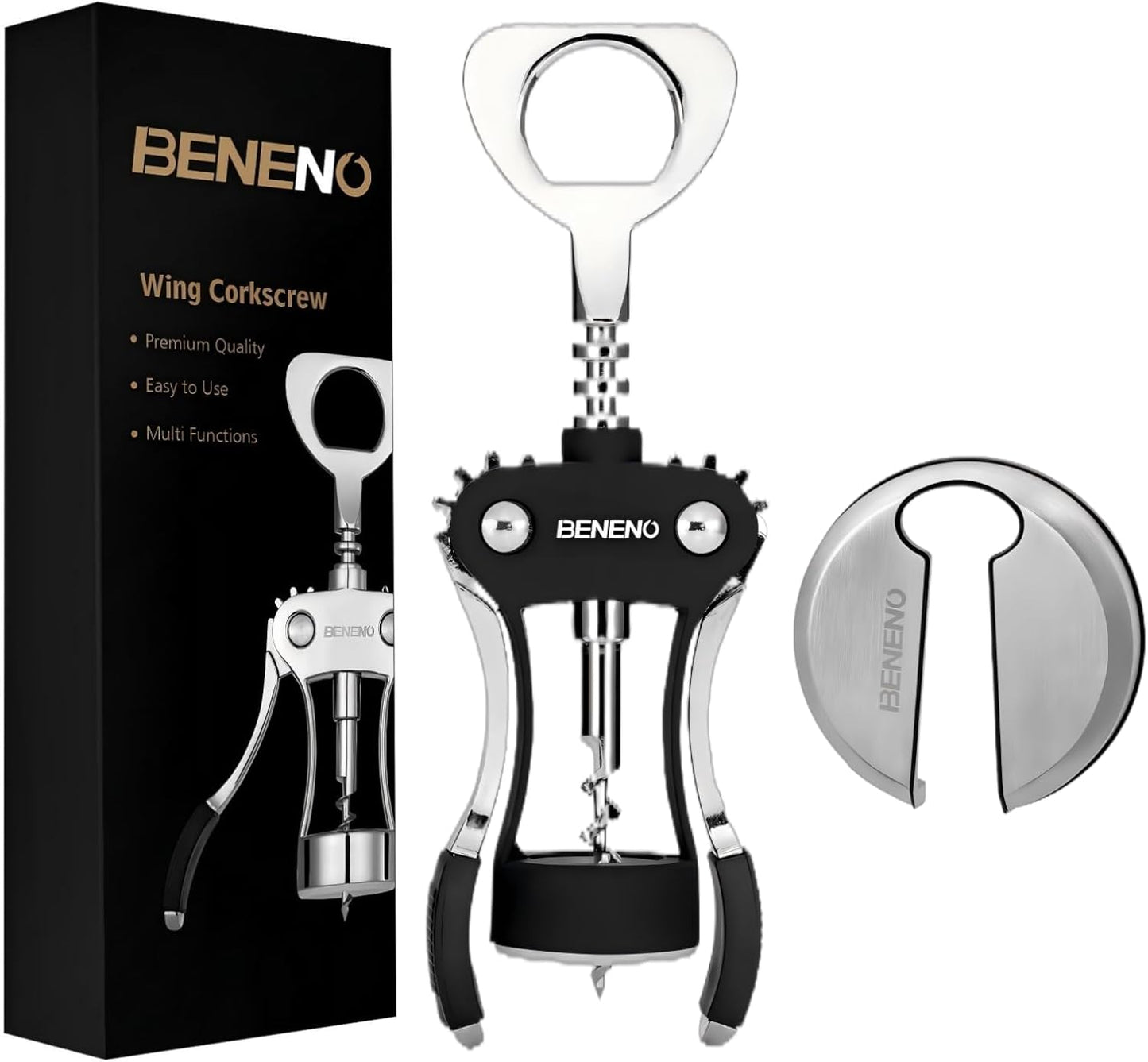 Beneno Wine Opener, Zinc Alloy Premium Wing Corkscrew with Multifunctional Bottles Opener, Sharp Wine Corkscrew with Ergonomic Non-Slip Wing Handle, Silver
