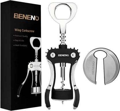 Beneno Wine Opener, Zinc Alloy Premium Wing Corkscrew with Multifunctional Bottles Opener, Sharp Wine Corkscrew with Ergonomic Non-Slip Wing Handle, Silver