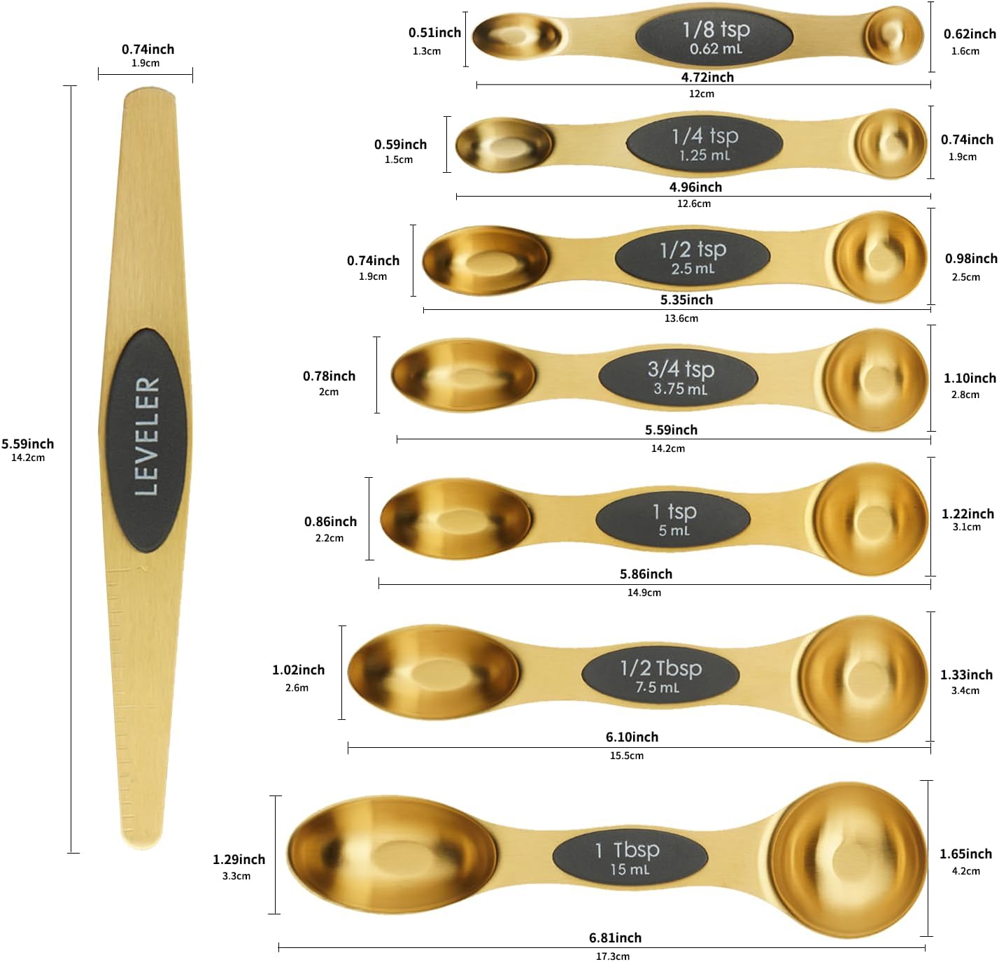 Magnetic Measuring Spoons Set of 8 with Leveler Stainless Steel Dual Sided Teaspoon and Tablespoon Stackable Fits in Most Kitchen Spice Jar(Color）