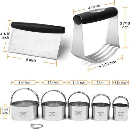 HULISEN Stainless Steel Biscuit Cutter Set, Pastry Scraper and Dough Blender, Sturdy & Long-Lasting with Ergonomic Rubber Grip, Professional Baking Dough Tools, Gift Package (3 Pcs/Set)