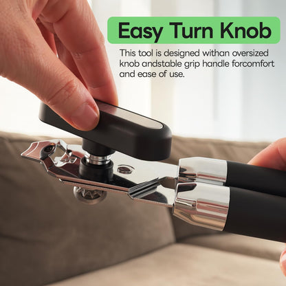 Stainless Steel Manual Can Opener with Bottle Opener - Razor Sharp Cutting Wheel, Soft Ergonomic Grip Handles, Oversized Easy-Turn Knob, Smooth Edge Safe Operation, Black
