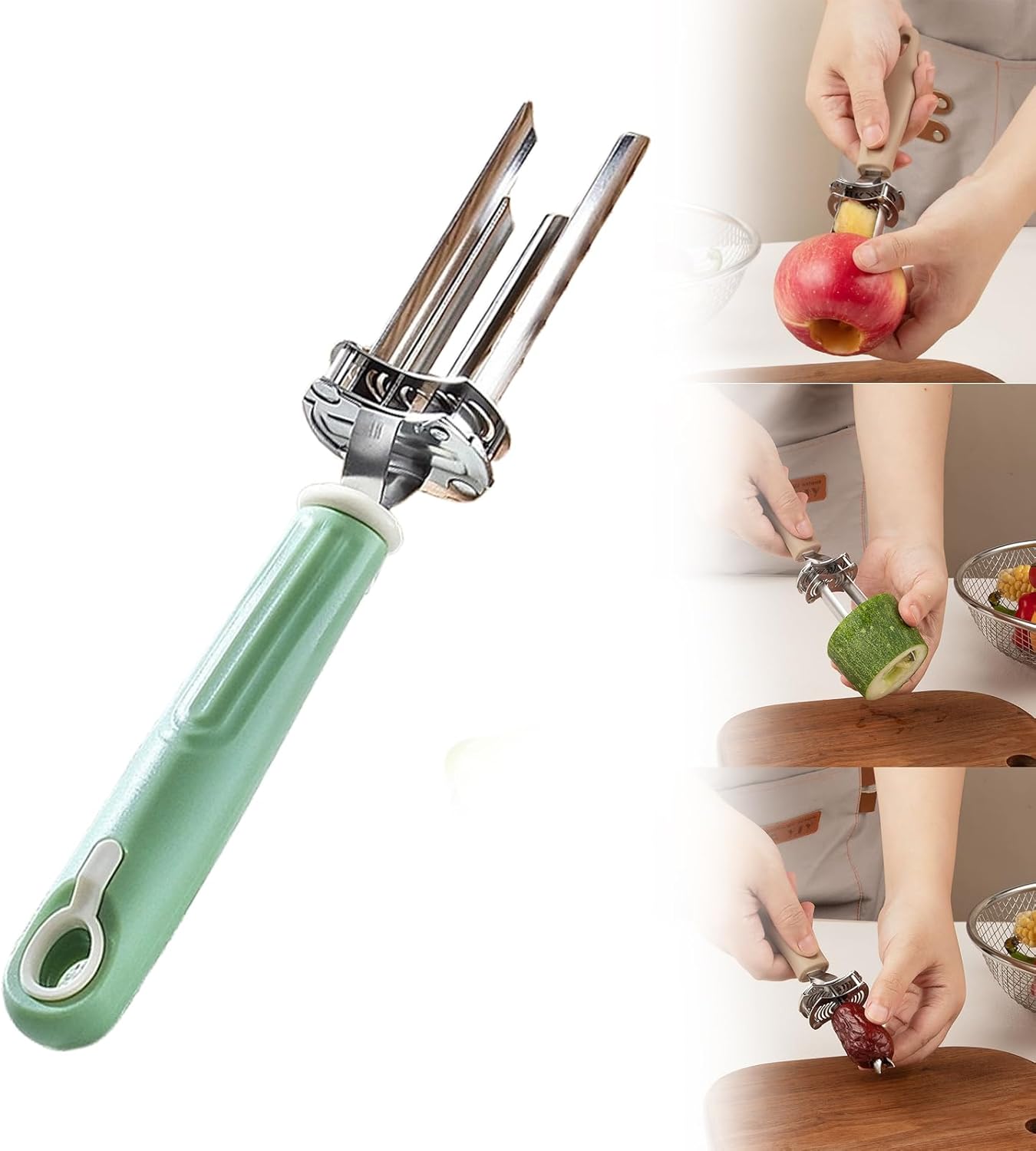 Apple Corer Tool - Stainless Steel Professional Apple Core Remover for Fruits & Vegetables, Multi-Purpose Corer Tool Kitchen with Storage Hook (Khaki)