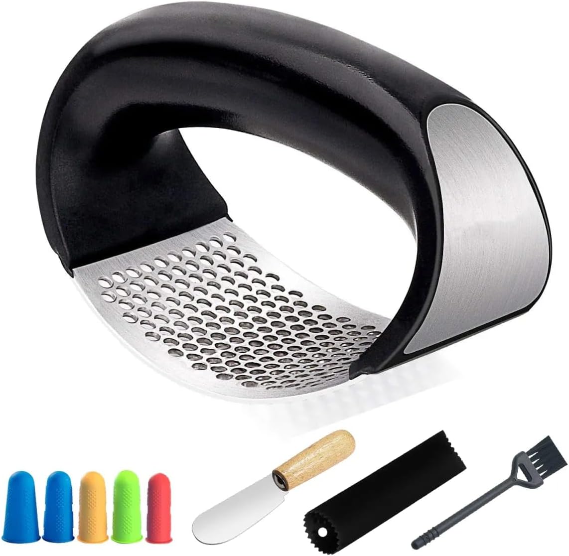 Premium Stainless Steel Garlic Press – Heavy Duty, Rustproof, Dishwasher Safe & Easy to Use – Includes Silicone Finger Protector & Bonus Finger Guard for Safe Cooking.