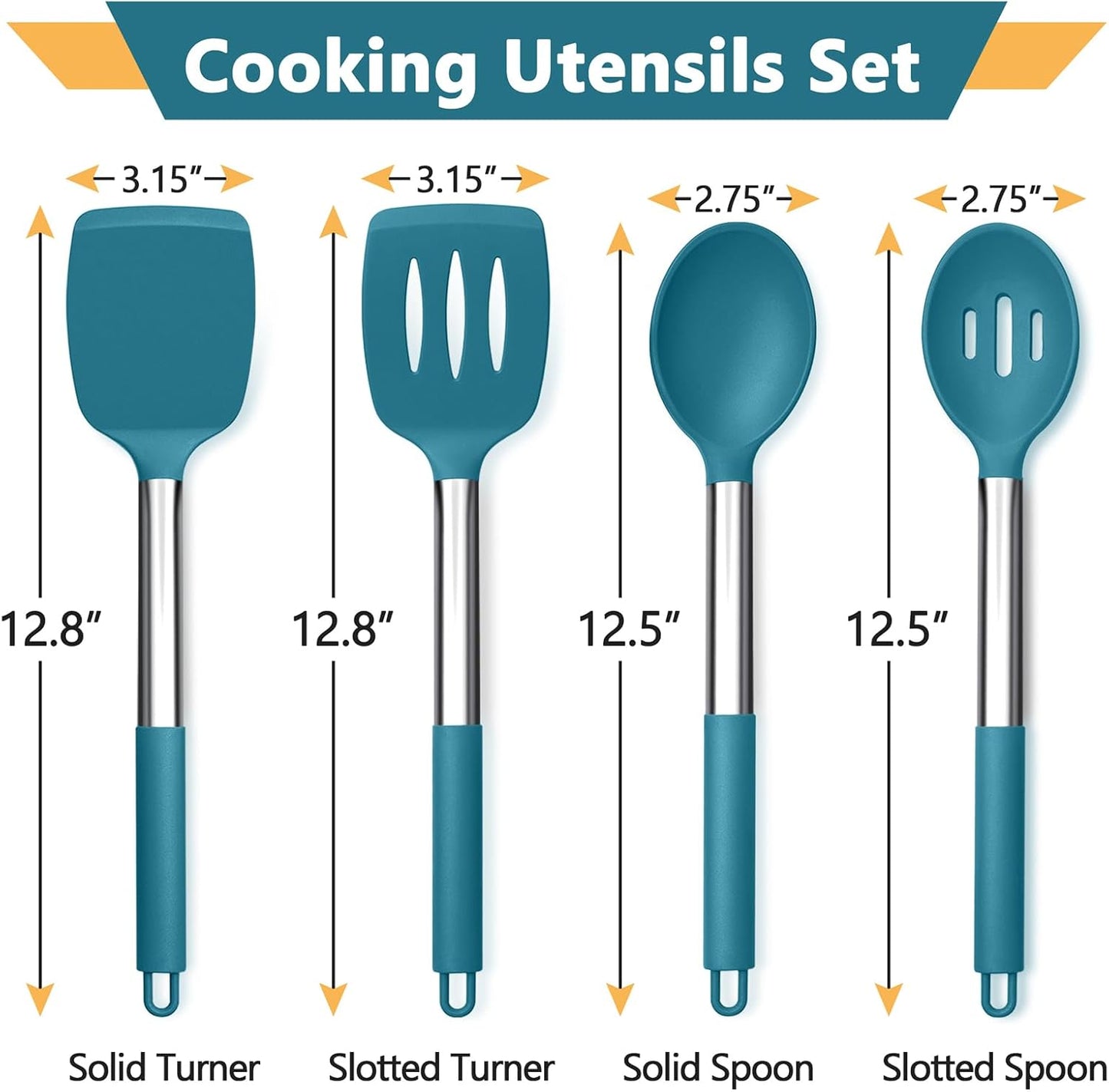 P&P CHEF Black Kitchen Cooking Utensil Set of 4, Silicone Solid Spatulas Slotted Spoons Turners for Non-stick Cookware Flipping Mixing, Heat-proof