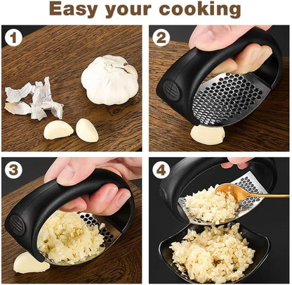 Garlic Press Rocker, Portable Manual Stainless Steel Garlic Press Rocker Crusher Masher with Garlic Peeling Drum for Home Kitchen Utensils (2 PCS)