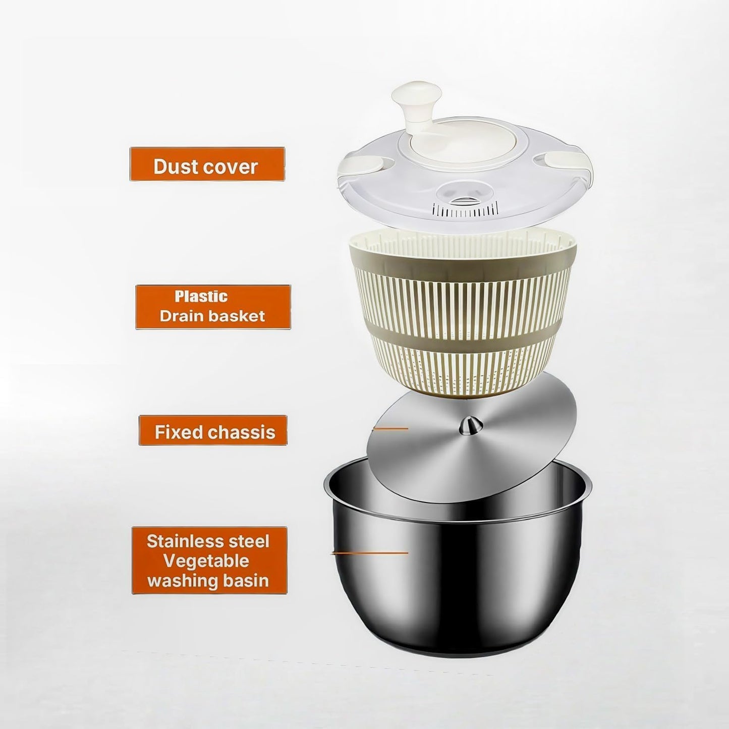 Stainless Steel Salad Spinner, Salad Spinners Large, Lettuce Spinner, with Drainage Basket Drainage Outlet, Used for Cleaning and Drying Vegetables Food and Fruits Quick Spin Vegetable Fruit Spinner
