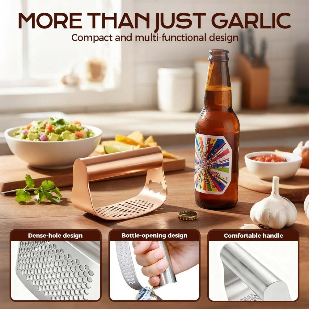 Stainless Steel Garlic Presser, 2026 New Garlic Press Rocker Heavy Duty Garlic Mincer, Portable Manual Press Tool Garlic Chopper for Smash Garlic Kitchen Tools (Rose Gold)