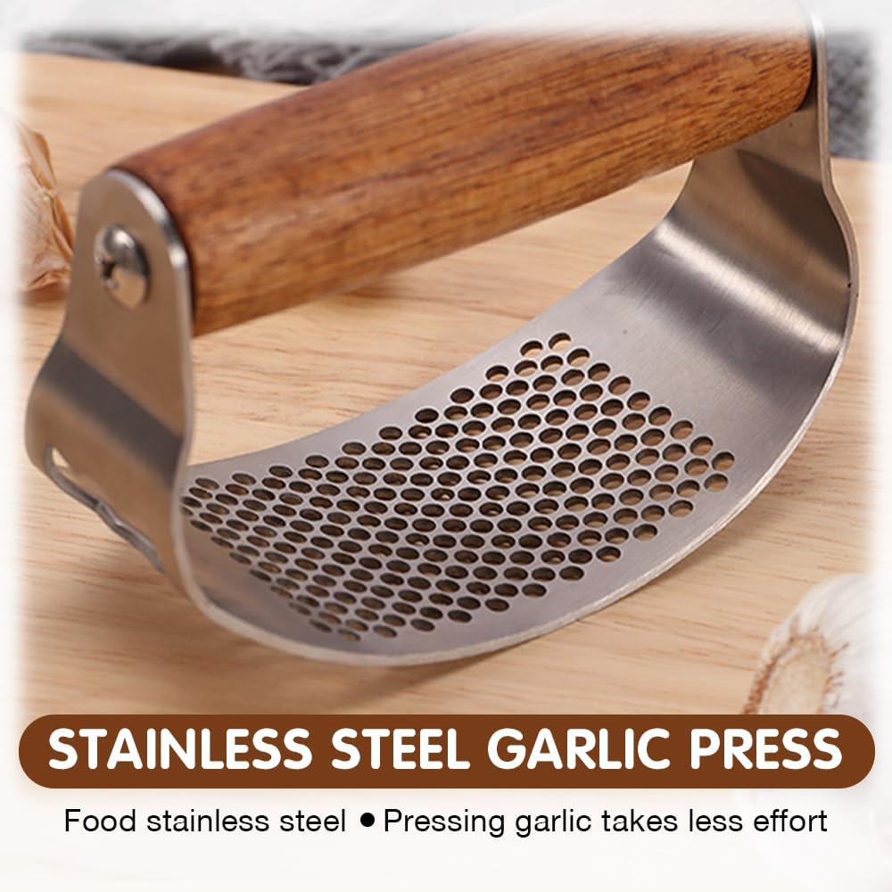 Stainless Steel Garlic Presser & Bottle Opener, Wooden Handle Garlic Press Rocker, Garlic Mincer Tool Garlic Chopper Hand Garlic Grinder, Hand Press Garlic Dicer Garlic Crusher (1 Pack)
