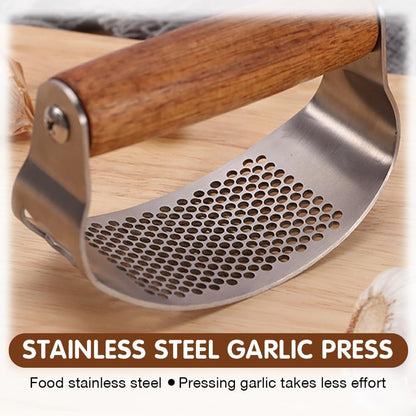 Stainless Steel Garlic Presser & Bottle Opener, Wooden Handle Garlic Press Rocker, Garlic Mincer Tool Garlic Chopper Hand Garlic Grinder, Hand Press Garlic Dicer Garlic Crusher (1 Pack)